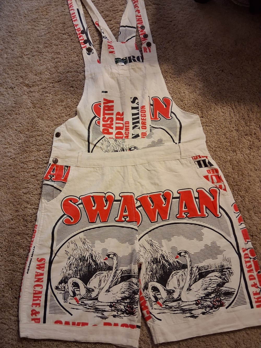 Swan Flour Sack White & Red Graphic Overalls Shorts Made In Napal